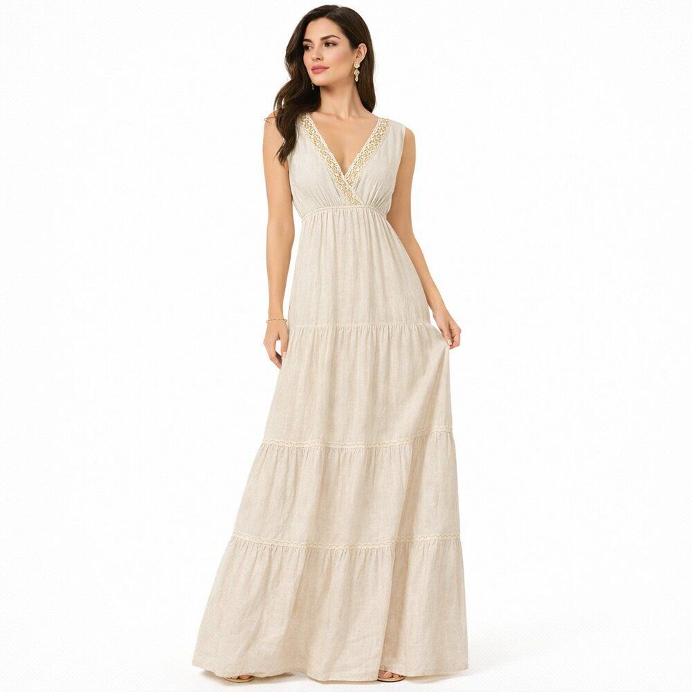 Elena Baldi Italian Linen Maxi Dress Cream Gold Lace Bust Boho Resortwear Size L